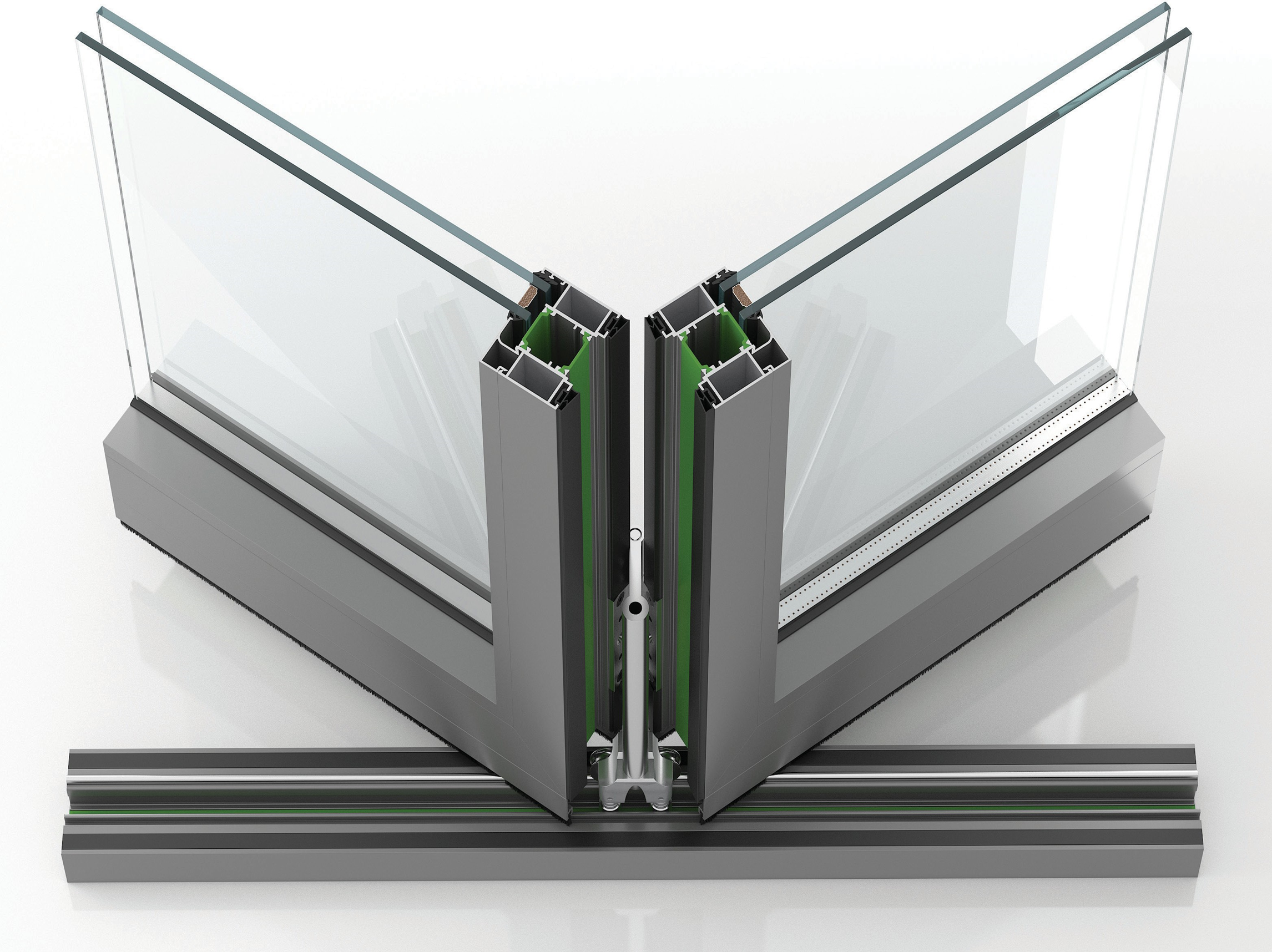 Special hinge with integrated built-in handle for easy locking.  In an outward opening using the same profiles.