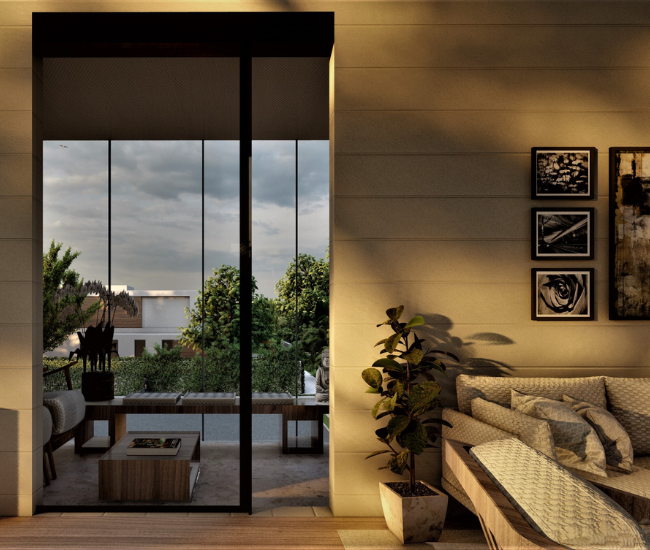 The sliding pocket door is perfectly integrated into the wall, almost invisible.